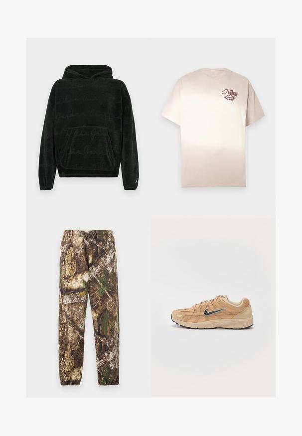 Sudadera negra con capucha y bolsillo tipo canguro, con un patrón sutil de letras repetidas y pequeño logo blanco de Jumpman en el puño de la manga izquierda.; Camiseta Nike en ombré de beige a crema, manga corta, cuello redondo, con un pequeño logo marrón en el lado superior izquierdo del pecho. Material de algodón suave.; Pantalones de chándal de camuflaje con un patrón natural en tonos marrón y verde, que cuentan con una cintura elástica con cordón y puños elásticos en los tobillos.; Zapatilla deportiva beige con materiales de malla y ante, silueta curva, suela negra, prominente logo plateado de Nike en el lateral y acentos texturizados.