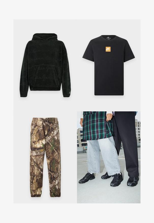 Sudadera negra con capucha y bolsillo tipo canguro, con un patrón sutil de letras repetidas y pequeño logo blanco de Jumpman en el puño de la manga izquierda.; Camiseta negra de manga corta Nike con un pequeño logo cuadrado naranja y el símbolo blanco de Nike centrado en el pecho.; Pantalones de chándal de camuflaje con un patrón natural en tonos marrón y verde, que cuentan con una cintura elástica con cordón y puños elásticos en los tobillos.; Zapatillas deportivas negras con acentos de malla y goma. Combinadas con jeans de pierna ancha de color gris claro y una blusa de cuadros verdes. Fondo de superficie plana.