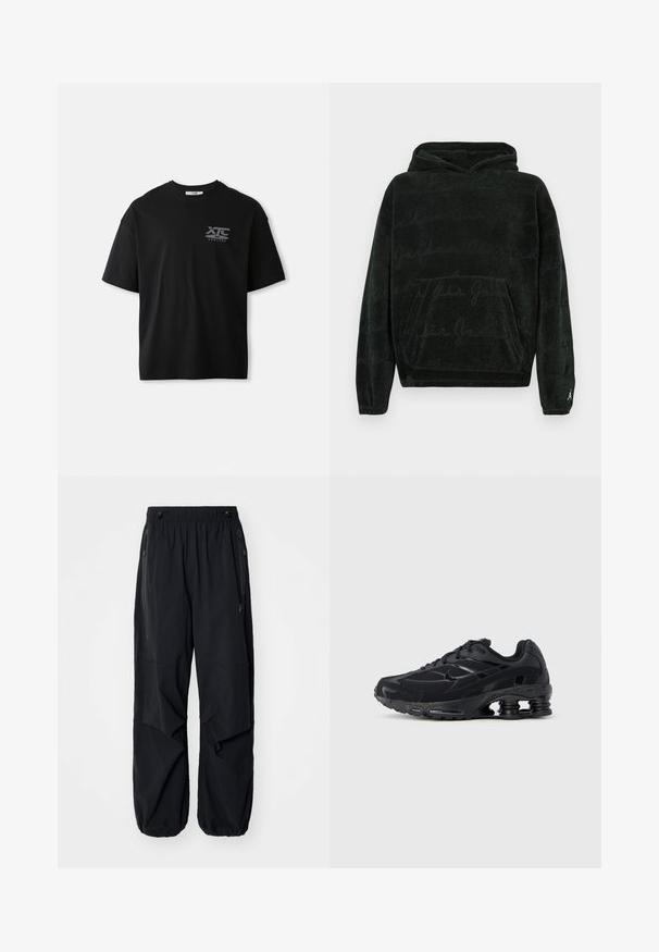 Sudadera negra con capucha y bolsillo tipo canguro, con un patrón sutil de letras repetidas y pequeño logo blanco de Jumpman en el puño de la manga izquierda.; Camiseta de algodón negra de manga corta con cuello redondo y un logo blanco "XTC VERTERE" en la zona del pecho izquierdo. Textura suave.; Pantalones cargo ligeros negros con cinturilla elástica, cremalleras laterales y bolsillos amplios. Presentan un corte holgado y puños ajustados.; Zapatilla deportiva negra con parte superior de malla, cuello acolchado y tecnología de amortiguación prominente en el talón. Presenta detalles texturizados y cordones.