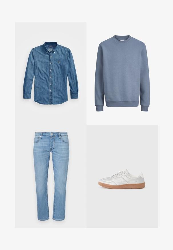 Blauwe crewneck trui met lange mouwen en geribde boorden en zoom, gemaakt van zachte stof.; Button-down spijkerblouse in middentint blauw met een puntige kraag, lange mouwen en een klein geborduurd logo op de borst. Zachte textuur.; Lichtblauwe denim jeans met recht uitlopende pijpen, voorzien van een ritssluiting, vijf zakken en een subtiele vervaagde textuur. Mid-rise taille.; Zilveren sneakers met een gladde textuur, vetersluiting, geperforeerde accenten en een gestructureerde bruine rubberen zool.