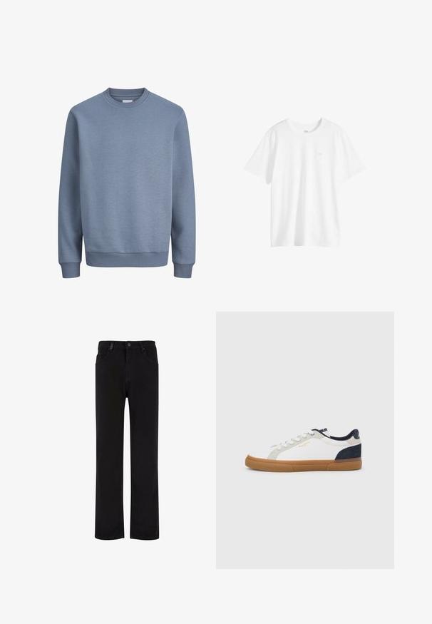 Sweat-shirt bleu à col rond avec manches longues et poignets et ourlet côtelés, en tissu doux.; T-shirt blanc uni à manches courtes et col rond avec un petit logo sur la poitrine du côté gauche, présenté sur un fond blanc.; Pantalons en denim noir avec une coupe droite, dotés d'une fermeture à bouton, de passants de ceinture et de poches avant. Texture lisse et couleur uniforme.; Baskets en toile blanche avec des accents en suède bleu marine et gris. Comprend une semelle en caoutchouc naturel, un embout arrondi et un design classique à lacets.