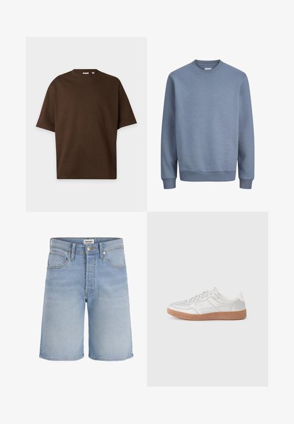Sweat-shirt bleu à col rond avec manches longues et poignets et ourlet côtelés, en tissu doux.; T-shirt marron uni à manches courtes et col rond présenté sur un fond plat gris clair.; Short en denim bleu clair avec cinq poches, passants pour ceinture, braguette zippée et fermeture à bouton, présenté sur un fond blanc uni.; Baskets argentées avec une texture lisse, un design à lacets, des accents perforés et une semelle en caoutchouc marron texturé.