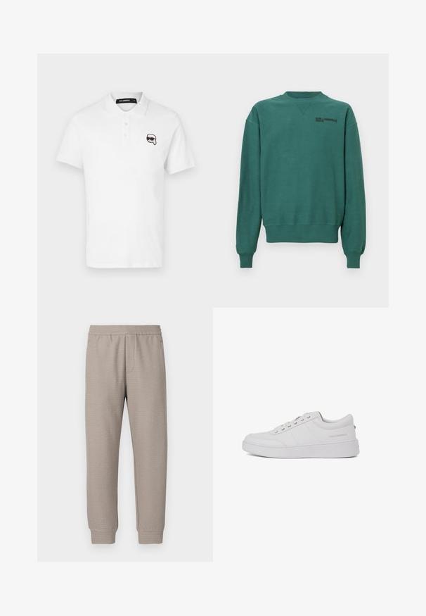 Groene katoenen sweatshirt met lange mouwen, ronde hals, ribgebreide boorden en een klein zwart logo op de borst. Zachte textuur, casual pasvorm.; Witte polo met korte mouwen, drie knopen bij de hals, en een zwart geborduurd cartoonlogo op de linkerborst.; Beige taps toelopende joggingbroek gemaakt van zachte stof met een elastische tailleband en een subtiel gestructureerd patroon over het hele kledingstuk. Ontworpen voor comfort en veelzijdigheid.; Witte leren sneakers met een klassiek low-top ontwerp, platte zool en subtiele merklogo op de hiel. Voorzien van vijf metalen oogjes voor veters.