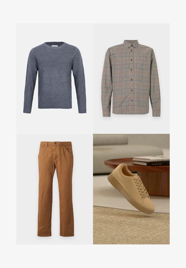 Grå strikket langærmet sweater med ribbet tekstur på øvre bryst, ærmer og solid strik på nedre torso og manchetter, rund halsudskæring.; Langærmet skjorte med knapper og klassisk krave, i beige og sort ternet mønster med diskrete røde og blå linjer.; Brune bomuldsbukser med lige pasform, udstyret med knaplukning, sidelommer og en glat tekstur. Velegnet til hverdag.; Beige snørestøvler, der svæver over et tekstureret tæppe med et træ sofabord og stablede bøger i en sløret baggrund.