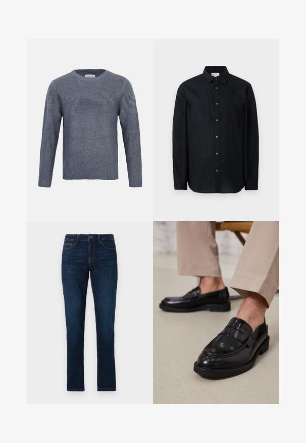 Grijze gebreide trui met lange mouwen, ribbelstructuur op de bovenborst, mouwen en effen breisel op de onderkant van de romp en de boorden, ronde hals.; Zwarte blouse met lange mouwen en knopen, met kraag, plat liggend op een witte achtergrond weergegeven.; Donkerblauwe denim jeans met een slim fit, standaard vijf-pocket ontwerp en een knoop- en ritssluiting. Gladde textuur met minimale vervaging.; Zwarte leren loafers met een gladde afwerking, voorzien van een decoratieve band en contrasterende stiksels, gecombineerd met beige broeken.