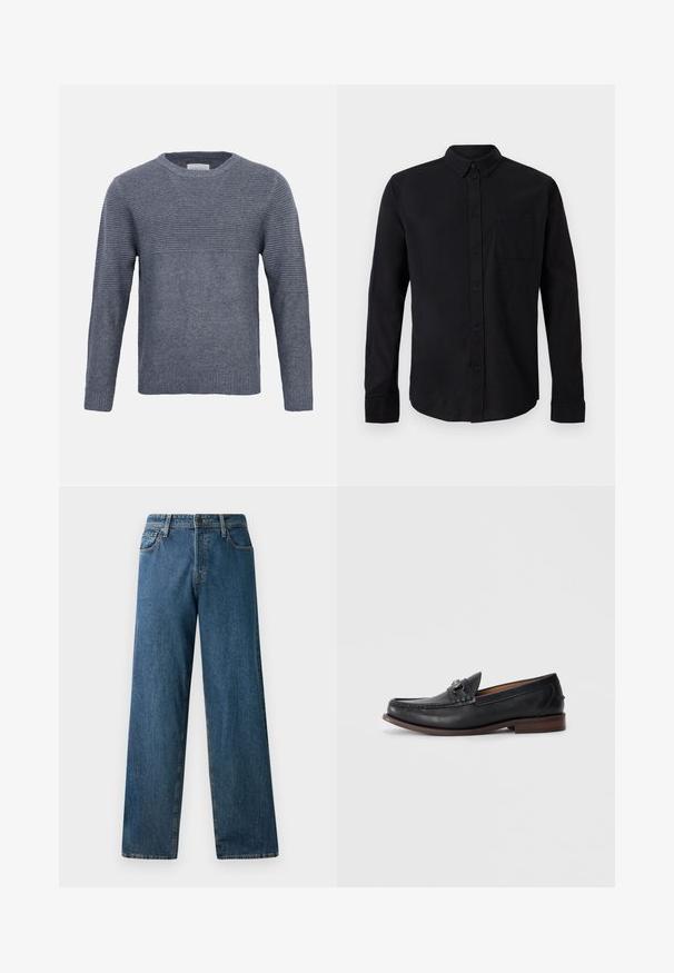 Grå strikket langærmet sweater med ribbet tekstur på øvre bryst, ærmer og solid strik på nedre torso og manchetter, rund halsudskæring.; Sort langærmet skjorte med knapper, knappet krave og en enkelt brystlomme på en ensartet lys baggrund.; Mørkeblå denimjeans med en afslappet pasform, lige ben, fem lommer og kontrasterende syninger. Har en frontknap og lynlås lukning.; Sorte læder loafers med rund tå, dekorativ hardware på forsiden og en kontrasterende brun sål. Glat tekstur og slip-on design.