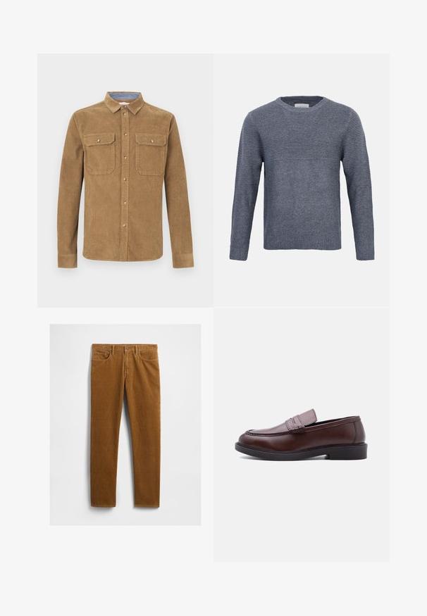 Pull gris en maille, manches longues, avec texture côtelée sur le haut de la poitrine et les manches, maille unie sur le bas du buste et les poignets, col rond.; Chemise en velours côtelé marron avec col à revers, deux poches poitrine et fermeture par boutons. Tissu texturé et manches longues avec poignets.; Pantalon en velours côtelé marron au design à jambes droites, avec cinq poches et une fermeture à bouton métal à la taille. Tissu texturé.; Mocassin en cuir marron avec semelle noire et détails surpiqués, présenté en profil latéral sur fond blanc.