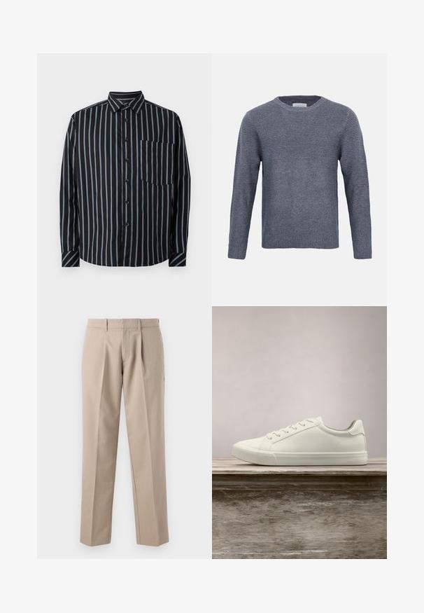 Grå strikket langærmet sweater med ribbet tekstur på øvre bryst, ærmer og solid strik på nedre torso og manchetter, rund halsudskæring.; Sort button-up skjorte med blå lodrette striber, lange ærmer, krave og en brystlomme. Glat stof, afslappet pasform, standard knapper.; Beige skræddersyede bukser med bæltestropper, forlæns læg og lige ben, vist mod en hvid baggrund.; Hvide snørresneakers svævende over en træbænk med grønne planter i baggrunden, der fremhæver skodesign og tekstur.