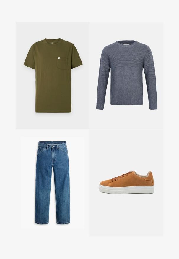 Grå strikket langærmet sweater med ribbet tekstur på øvre bryst, ærmer og solid strik på nedre torso og manchetter, rund halsudskæring.; Olivengrøn bomulds t-shirt med rund hals, korte ærmer og en venstre brystlomme med et lille mærkelabel. Glat tekstur.; Blå denim jeans med lige ben, forlommer, bæltestropper, metal knap og lynlås foran på hvid baggrund.; Tan ruskindslignende sko i afslappet stil med brune snørebånd, hvid gummisål, rund tå og minimalistisk design med en tekstureret hæl akcent.