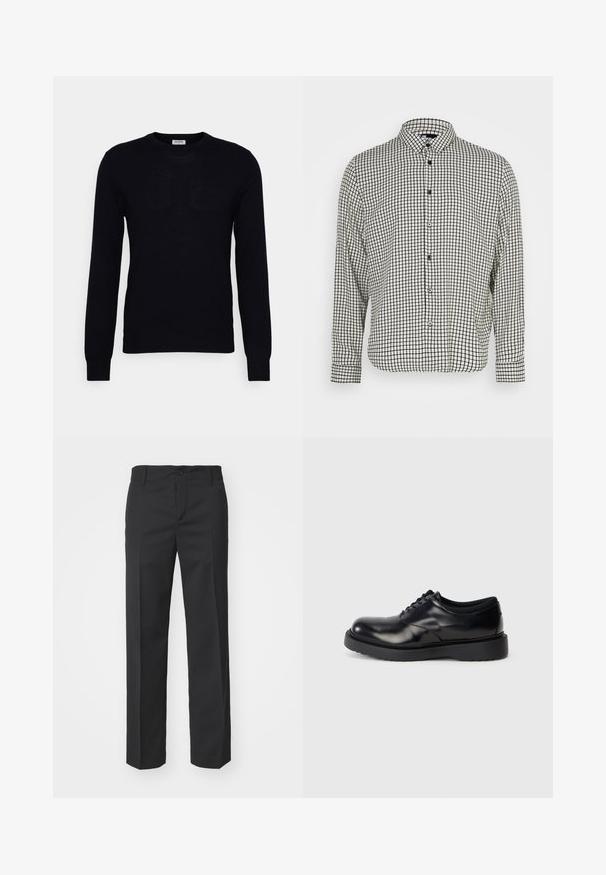 Pull noir à manches longues en tricot doux. Encolure ronde, poignets et ourlet côtelés. Design minimaliste sans motifs ni boutons visibles.; Chemise à boutons en noir et blanc à carreaux avec un col, des manches longues et un ourlet droit. Fabriquée dans un tissu léger et dotée de boutons noirs.; Filippa K TROY TROUSERS - Pantalon classique - black; Chaussure en cuir noir à lacets avec un bout rond, surface lisse et une semelle en caoutchouc épaisse dotée de légers rainurages pour une meilleure adhérence.
