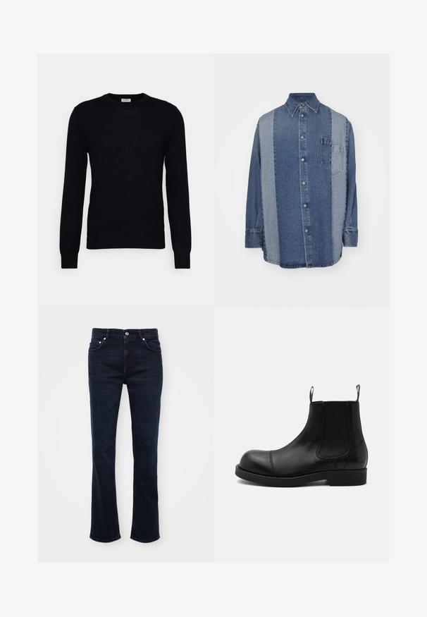 Pull noir à manches longues en tricot doux. Encolure ronde, poignets et ourlet côtelés. Design minimaliste sans motifs ni boutons visibles.; Chemise en denim avec un design bicolore comportant des sections bleu foncé et bleu clair, avec un devant à boutons, un col et une poche poitrine.; Jeans évasés bleu foncé en denim, dotés d'une fermeture à bouton à l'avant, de cinq poches et de lignes épurées avec des coutures subtiles.; Bottine Chelsea en cuir noir à bout arrondi, panneaux latéraux élastiques, languettes à l’avant et à l’arrière, semelle plate, vue de côté sur fond blanc.