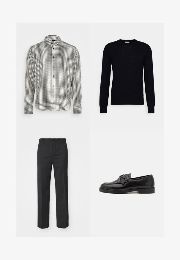 Pull noir à manches longues en tricot doux. Encolure ronde, poignets et ourlet côtelés. Design minimaliste sans motifs ni boutons visibles.; Chemise à boutons en noir et blanc à carreaux avec un col, des manches longues et un ourlet droit. Fabriquée dans un tissu léger et dotée de boutons noirs.; Filippa K TROY TROUSERS - Pantalon classique - black; Mocassins en cuir noir avec un bout arrondi et une boucle décorative. Talon plat, solide et texture lisse sur l'ensemble.