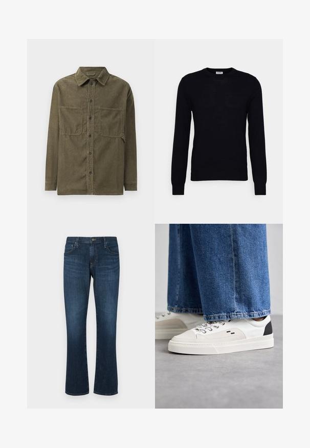 Zwarte lange mouwen trui gemaakt van zacht gebreid materiaal. Ronde halslijn, geribbelde manchetten en zoom. Minimalistisch ontwerp zonder zichtbare patronen of knopen.; Olijfgroene corduroy shirt-jack met een puntige kraag, een voorste knoopsluiting en twee borstzakken met klep.; Donkerblauwe denim jeans met een rechte pijp, vijf zakken en een metalen knoopsluiting. Glad materiaal met subtiele vervaging.; Witte en zwarte sneakers met een glad leren bovenwerk, textuuraccenten en een chunky witte zool. Heeft een klassiek vetersluiting ontwerp.