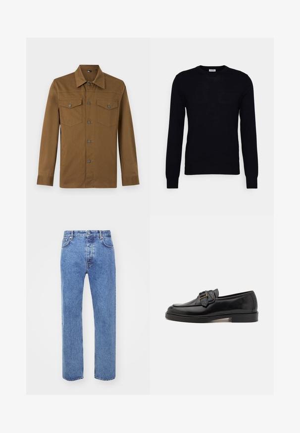 Pull noir à manches longues en tricot doux. Encolure ronde, poignets et ourlet côtelés. Design minimaliste sans motifs ni boutons visibles.; Chemise marron à manches longues avec col pointu et deux poches poitrine boutonnées, présentée sur fond clair uni.; Won Hundred STEVE - Jean boyfriend - cut blue; Mocassins en cuir noir avec un bout arrondi et une boucle décorative. Talon plat, solide et texture lisse sur l'ensemble.