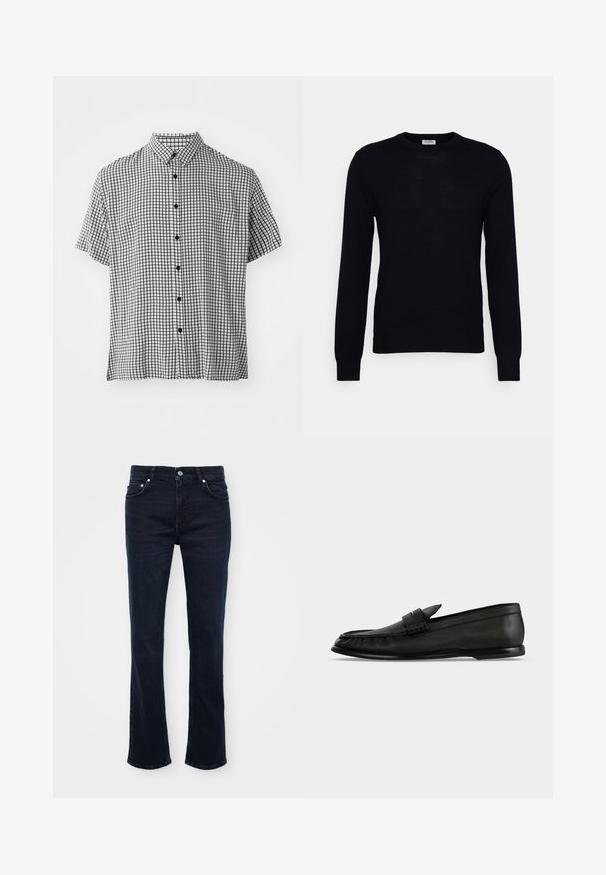 Pull noir à manches longues en tricot doux. Encolure ronde, poignets et ourlet côtelés. Design minimaliste sans motifs ni boutons visibles.; Chemise à manches courtes avec un motif à carreaux noir et blanc, dotée d'un col classique et de boutons noirs sur le devant.; Jeans évasés bleu foncé en denim, dotés d'une fermeture à bouton à l'avant, de cinq poches et de lignes épurées avec des coutures subtiles.; Mocassin en cuir noir avec un petit talon et un détail de bride sur le dessus, montré de profil sur un fond clair.