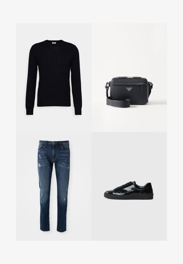 Schwarzer Langarmpullover aus weichem Strickmaterial. Rundhalsausschnitt, gerippte Bündchen und Saum. Minimalistisches Design ohne sichtbare Muster oder Knöpfe.; Dunkelblaue Jeans aus Denim mit slim fit, leichten Abnutzungen an den Oberschenkeln und Knien, klassischem Fünf-Taschen-Design und Knopfverschluss.; Schwarze Lackledersneaker mit runder Zehenform, Schnürdesign, strukturiertem Gummisohle und glatter Oberfläche.; Schwarze Umhängetasche aus strukturiertem Material. Verfügt über einen Reißverschluss, eine vordere Reißverschlusstasche und ein Metall-Logo-Detail. Inklusive verstellbarem Schultergurt.