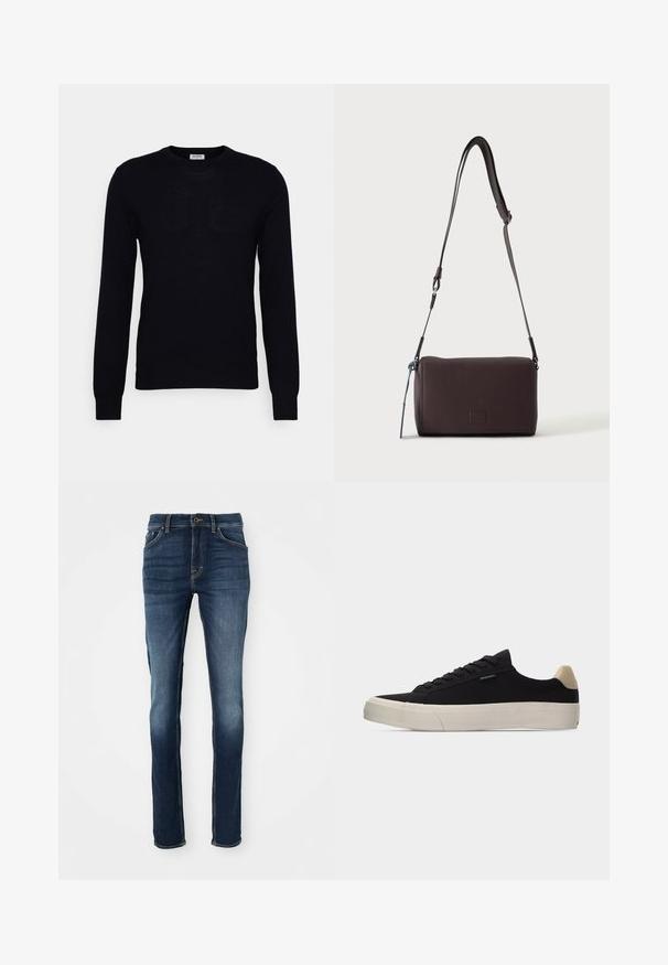 Pull noir à manches longues en tricot doux. Encolure ronde, poignets et ourlet côtelés. Design minimaliste sans motifs ni boutons visibles.; Jean en denim bleu foncé à coupe slim, avec cinq poches, des coutures dorées et un devant légèrement délavé pour un look décontracté.; Baskets basses noires avec languette beige au talon, semelle en caoutchouc blanche épaisse, lacets noirs et petite étiquette "PS Paul Smith" sur le côté.; Sac bandoulière en cuir marron foncé texturé avec une sangle réglable et un petit accent décoratif bleu sur le côté.