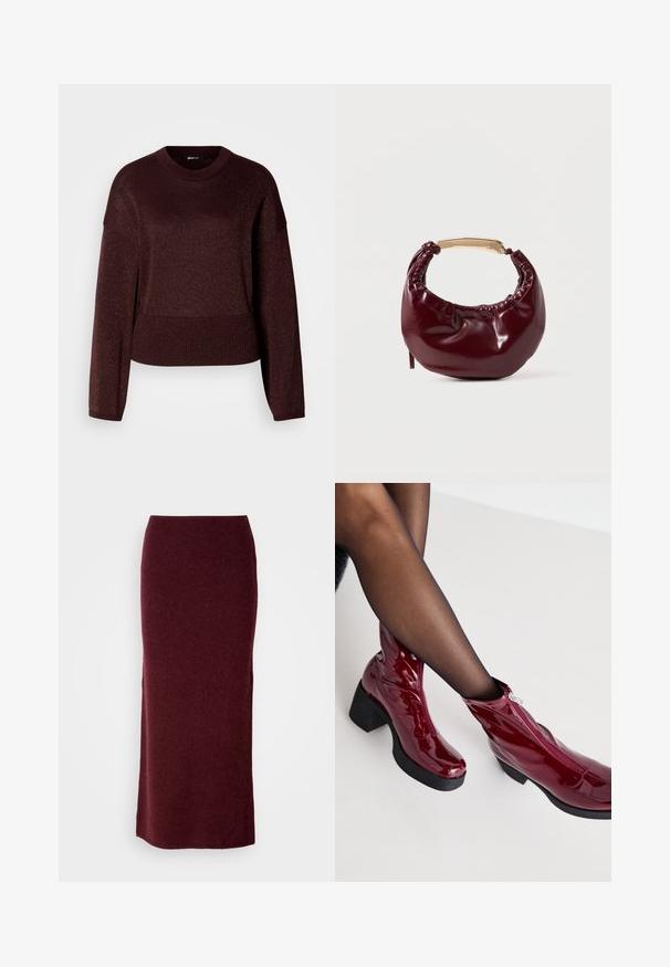 Bordeaux gebreide trui met een zachte, glanzende textuur, voorzien van een ronde halslijn en een geribde zoom, lange mouwen met een relaxte pasvorm.; Bordeaux wollen maxi-rok met een aansluitende silhouet, een gladde textuur en een rechte zoom. Geen zichtbare sluitingen of versieringen.; Rode lakleren enkellaarzen met een stevige zwarte hak en ritsdetails. Gladde textuur, strak ontwerp met een ronde neus.; Bordeaux neplederen handtas met een ronde vorm, geplooide details en een handgreep van goudkleurig metaal. Gladde textuur en glanzende afwerking.