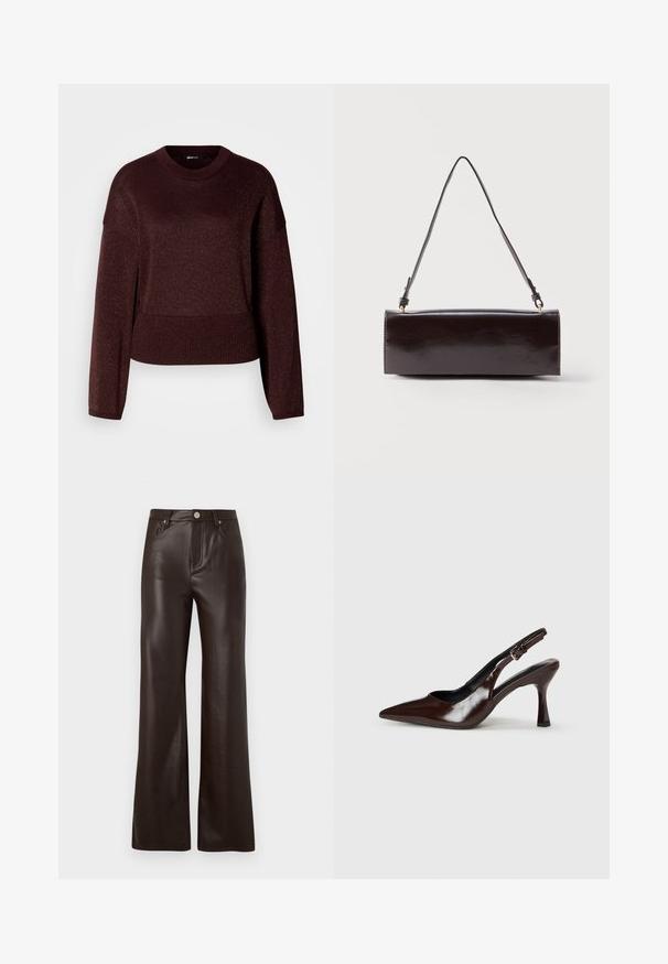 Bordeaux gebreide trui met een zachte, glanzende textuur, voorzien van een ronde halslijn en een geribde zoom, lange mouwen met een relaxte pasvorm.; Vero Moda Wide-leg VMTESSA High rise - Broek - chocolate torte; Bruine gepatineerde leren slingback pumps met een spitse neus, een dunne hak en een verstelbaar bandje met een kleine gesp.; Rechthoekige zwarte leren handtas met een enkele lange schouderband en een glanzende afwerking, weergegeven tegen een effen witte achtergrond.