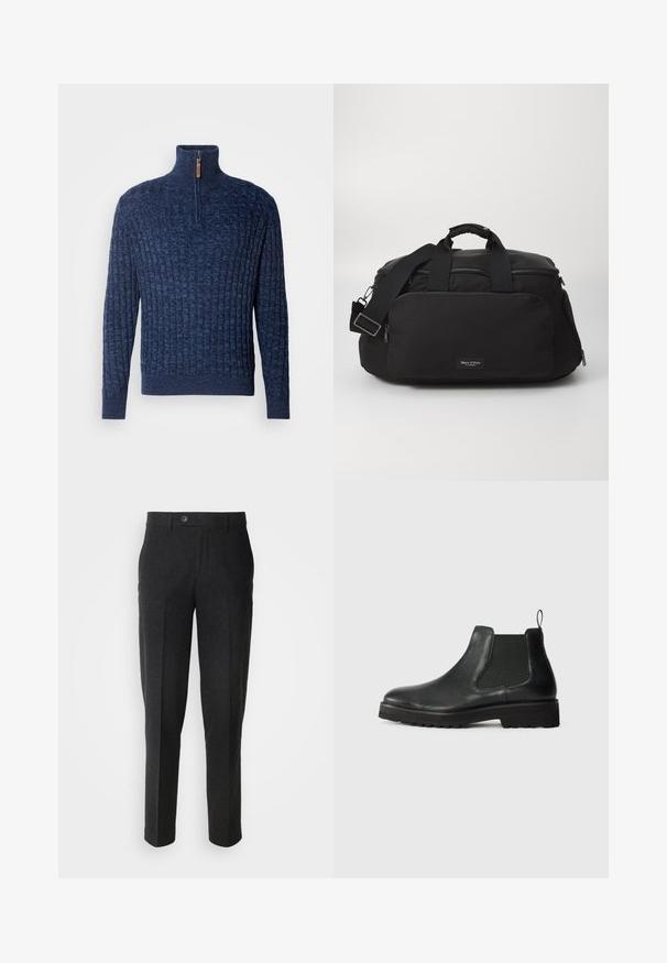 INDICODE JEANS Trui - navy mix; Lindbergh Broek - black melange; Zwarte leren chelsea boot met een elastische zijpaneel, ronde neus, gestructureerde zool en een klein trek lusje bij de hiel.; Zwarte nylon sporttas met dubbele handvatten, verstelbare schouderriem, voorvak met rits en merketiket. Gladde textuur en gestructureerde vorm.