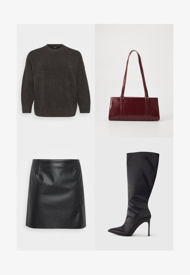 Vero Moda Curve Knitted VMCBOOM Knitted - Trui - chocolate torte melange; Zwart leren miniskirt met een gladde textuur, voorzien van een licht uitlopende vorm, plooien aan de voorkant en een zijnaad voor extra detail.; Zwarte kniehoge stiletto laars gemaakt van glad, glanzend materiaal; puntige neus; aansluitende pasvorm met subtiele plooien bij de enkel; glanzende hak.; Bourgondische handtas van glanzend materiaal, rechthoekige vorm, met twee schouderbanden en subtiele gebogen accenten aan de voorkant.