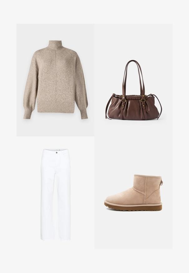 Vero Moda VMDOFFY - Svetrík - sepia tint; Biele nohavice s širšími nohavicami vyrobené z denimu. Majú zapínanie na gombík a tradičný dizajn s piatimi vreckami. Hladký povrch s čistým zakončením.; Béžové z semišu členkové topánky s okrúhlou špičkou, prešívanými detailmi a textúrovanou hnedou gumovou podrážkou. Obsahujú pútko na zadnej strane.; Hnedá kožená kabelka s dvoma dlhými uchami, zhromaždeným dizajnom, zlatými akcentmi a textúrovaným povrchom.