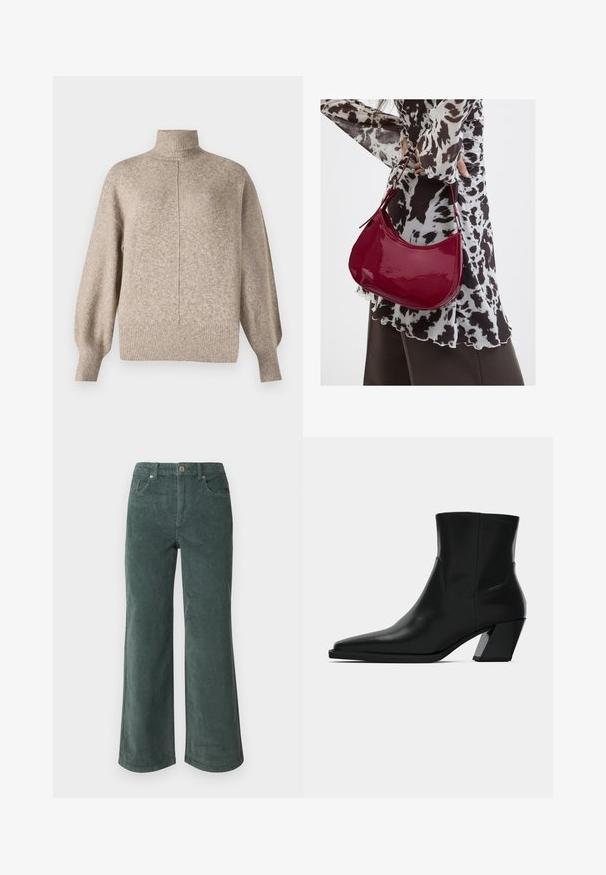 Vero Moda VMDOFFY - Striktrøje - sepia tint; Vero Moda Petite VMTESSA PANTS - Bukser - balsam green; Sortlæder ankelstøvle med spids tå, en slank silhuet og en kraftig firkantet hæl. Glat tekstur med minimale stikninger.; Kvinde iført en sort- og hvidmønstret bluse, der holder en blank rød skuldertaske mod en ensfarvet baggrund.
