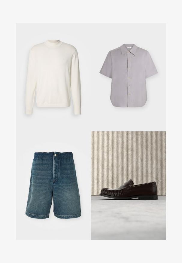 Jersey blanco de manga larga y tejido acanalado con un alto cuello y un pequeño logo en el pecho. Textura suave, corte clásico.; Camisa de manga corta de color gris claro con botones y cuello puntiagudo, mostrada extendida sobre un fondo blanco.; Pantalones cortos de mezclilla en azul oscuro con un ajuste holgado, que cuentan con un cierre de botón y costuras visibles a lo largo del dobladillo y los bolsillos.; Mocasín de cuero marrón oscuro con detalles cosidos, flotando sobre una alfombra beige, con una mesa redonda brillante de color ámbar en el fondo.