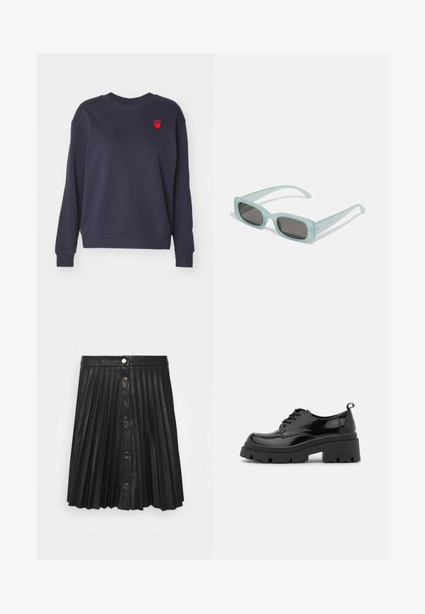Marineblå sweatshirt med ribbede håndled og kant. Præget af rød broderet tekst "KÆRLIGHED" og hjerte detalje på venstre bryst. Blød tekstur.; VILA VIAMINA SHORT BUTTON COATED SKIRT - Pliceret nederdel /Nederdele med folder - black; Sorte patentlæder sko med en kraftig platformsål og tykke snørebånd. Runde tå, minimal detaljer og en lille hæltab bagpå.; Et par rektangulære solbriller med lyseblå gennemsigtige stel og mørkegrå linser, der har lige templer og minimale hardware detaljer.
