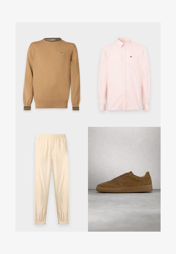 Pull beige à manches longues avec poignets et ourlet côtelés, détail col rayé et petit logo crocodile vert sur la poitrine.; Chemise rose clair à manches longues avec boutons, poche poitrine et petit logo de crocodile vert sur la poche.; Pantalon beige clair à taille élastique avec poignets froncés, coupe droite et tissu lisse, présenté sur un fond clair uni.; Baskets en daim marron avec des lacets couleur fauve et une semelle en caoutchouc. Présente un bout arrondi et des détails cousus sur la tige. Design léger.