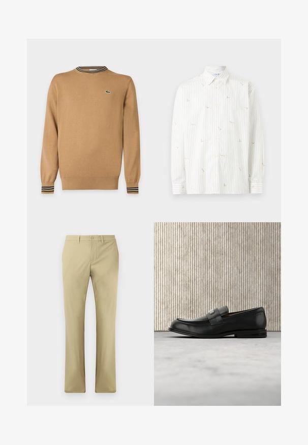 Pull beige à manches longues avec poignets et ourlet côtelés, détail col rayé et petit logo crocodile vert sur la poitrine.; Chemise blanche à manches longues avec des rayures noires verticales fines et de petits motifs brodés dispersés sur le tissu.; Pantalons beiges avec une coupe à l'avant plate, fermeture à bouton et jambe droite. Fabriqués en tissu lisse avec des coutures minimales visibles.; Mocassin en cuir noir avec une plaque de marque en métal reposant près d'une table ronde marron sur un sol recouvert de moquette beige.