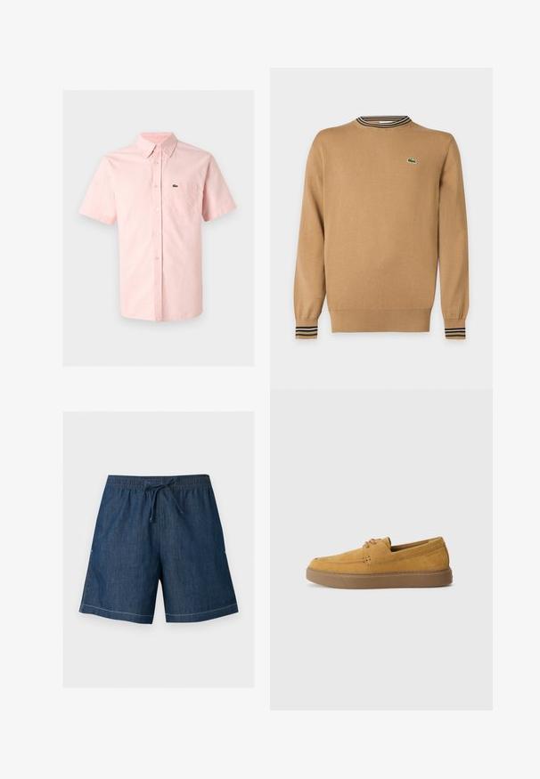 Pull beige à manches longues avec poignets et ourlet côtelés, détail col rayé et petit logo crocodile vert sur la poitrine.; Chemise rose pâle à manches courtes avec col pointu et poche poitrine ornée d'un petit logo crocodile vert.; Short en denim bleu foncé avec taille élastique et cordon de serrage à l'avant, coupe droite et surpiqûres blanches visibles le long de l'ourlet.; Chaussures slip-on en suède marron avec une finition texturée, un bout rond et une semelle en caoutchouc contrastante. Présente une marque discrète près du talon.
