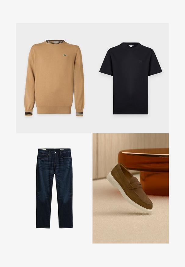 Pull beige à manches longues avec poignets et ourlet côtelés, détail col rayé et petit logo crocodile vert sur la poitrine.; T-shirt noir à manches courtes avec col rond, orné d'un petit logo crocodile ton sur ton sur le côté gauche de la poitrine.; Jean bleu foncé à jambes droites avec poches avant et arrière, fermeture par boutons et détails de whiskering subtils sur les cuisses.; Mocassin en daim marron avec semelle blanche flottant au-dessus d'un tapis beige à côté d'un pied de table arrondi de couleur ambre.