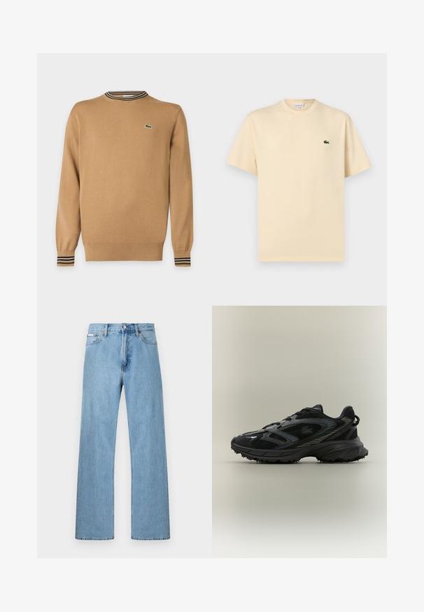 Beiger Pullover mit langen Ärmeln, gerippten Bündchen und Saum, gestreiftem Kragen-Detail und kleinem grünem Krokodil-Logo auf der Brust.; Beiges T-Shirt mit kurzen Ärmeln und Rundhalsausschnitt, mit kleinem grünem Krokodil-Logo auf der linken Brust, vor weißem Hintergrund dargestellt.; Hellblaue gerade geschnittene Jeans im Five-Pocket-Design mit Knopfverschluss an der Taille, präsentiert vor einem schlichten Hintergrund.; Schwarzer Sportschuh mit Netz панели, einer strukturierten Sohle, Schnürsenkeln und einer geschwungenen Silhouette mit silbernen Akzenten an den Seiten.