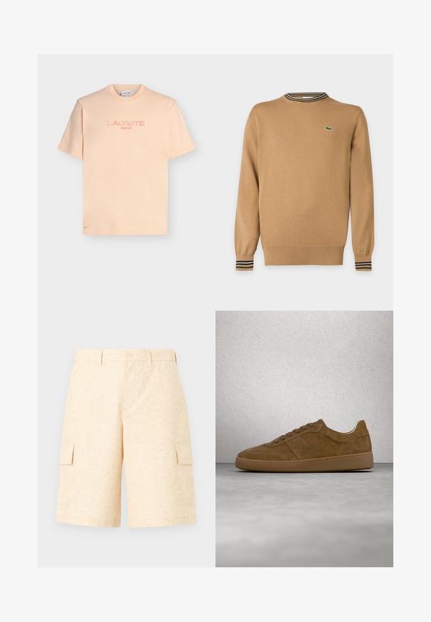 Pull beige à manches longues avec poignets et ourlet côtelés, détail col rayé et petit logo crocodile vert sur la poitrine.; T-shirt à manches courtes couleur pêche clair avec «LACOSTE PARIS» imprimé en rose délavé sur le devant et un petit crocodile brodé près de l'ourlet.; Shorts cargo beige clair en tissu texturé, avec deux poches latérales, une fermeture à bouton et une coupe décontractée.; Baskets en daim marron avec des lacets couleur fauve et une semelle en caoutchouc. Présente un bout arrondi et des détails cousus sur la tige. Design léger.