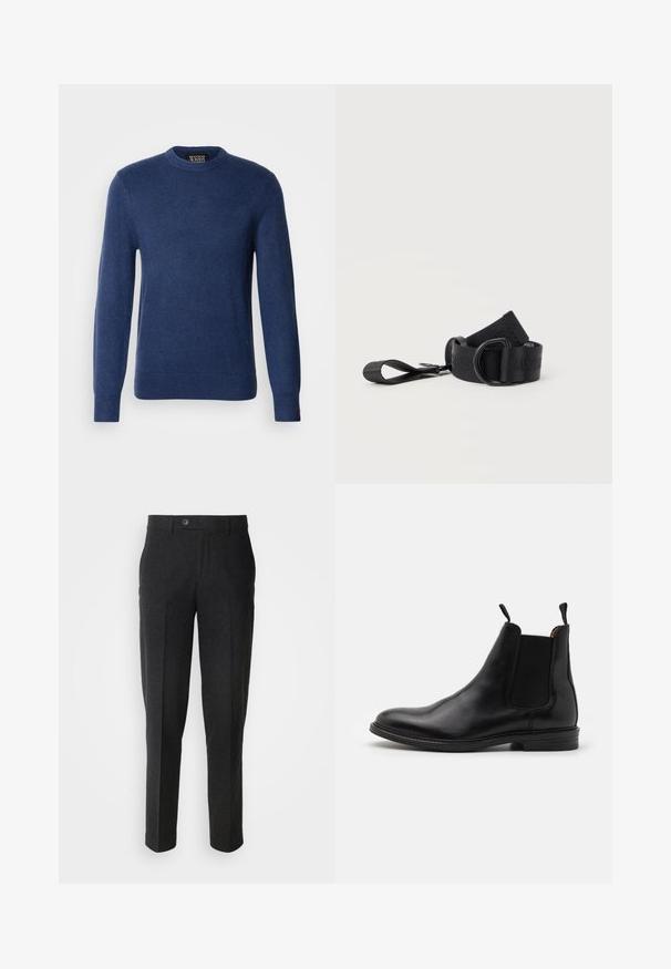 Scotch & Soda REGULAR FIT CREW NECK - Strickpullover - insignia blue; Lindbergh Stoffhose - black melange; Schwarze Leder-Chelsea-Stiefel mit elastischen Seitenpanels, runder Zehenkappe, Zuglaschen und einem niedrigen, gestapelten Absatz. Glatte Textur und klassisches Design.; Schwarzer verstellbarer Riemen mit D-Ring-Schnalle und geschleiftem Ende, aus gewebtem Stoff, auf weißem Hintergrund zusammengerollt gelegt.
