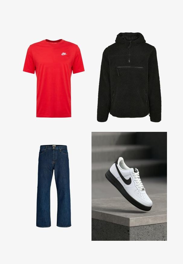 Zwarte fleece sweater met capuchon, voorzien van een kwart-rits aan de voorkant, een gestructureerd oppervlak en drie ritszakken aan de voorkant en zijkanten.; Rode katoen crewneck t-shirt met korte mouwen, voorzien van een wit Nike-logo op de linkerborst. Gladde textuur en casual ontwerp.; Donkerblauwe rechte spijkerbroek met knoopsluiting aan de voorkant, rits en ontwerp met vijf zakken.; Witte leren sneaker met zwarte accenten, afgeronde neus en geperforeerde details. Zwarte rubberen zool met een gestructureerd patroon en vetersluiting.