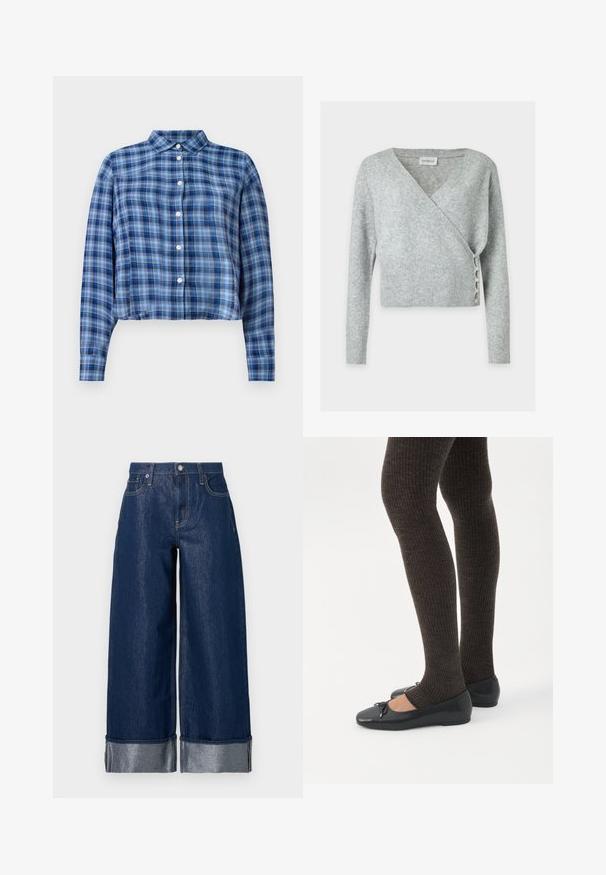 Lysegrå omslagsweater med lange ærmer, ribbet kant og manchetter samt fem små knapper på højre side nær taljen.; Blå og sort ternet langærmet cropped skjorte med spidse kraver og hvide knapper ned ad fronten på en hvid baggrund.; Vidbenede mørkeblå denimjeans med høj talje, fem-lomme design og opsmøgede kanter, der viser et lysere indre stof.; Ben iført mørke ribbede leggings kombineret med sorte balletsko med små sløjfedetaljer på hvid baggrund.