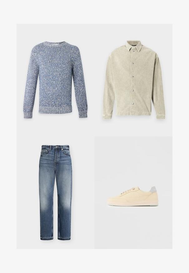 Pull tricoté chiné bleu et blanc à col rond, manches longues, poignets et ourlet côtelés.; Chemise en tissu vert clair texturé avec un col classique, des manches longues et une fermeture frontale à boutons argentés.; Jean bleu taille haute à jambes droites avec des détails délavés, poches avant, fermeture par bouton et passants de ceinture sur fond blanc.; Baskets basses beige à lacets, semelle rose clair et languette grise à l'arrière marquée "Filling Pieces", vues de profil sur fond uni.