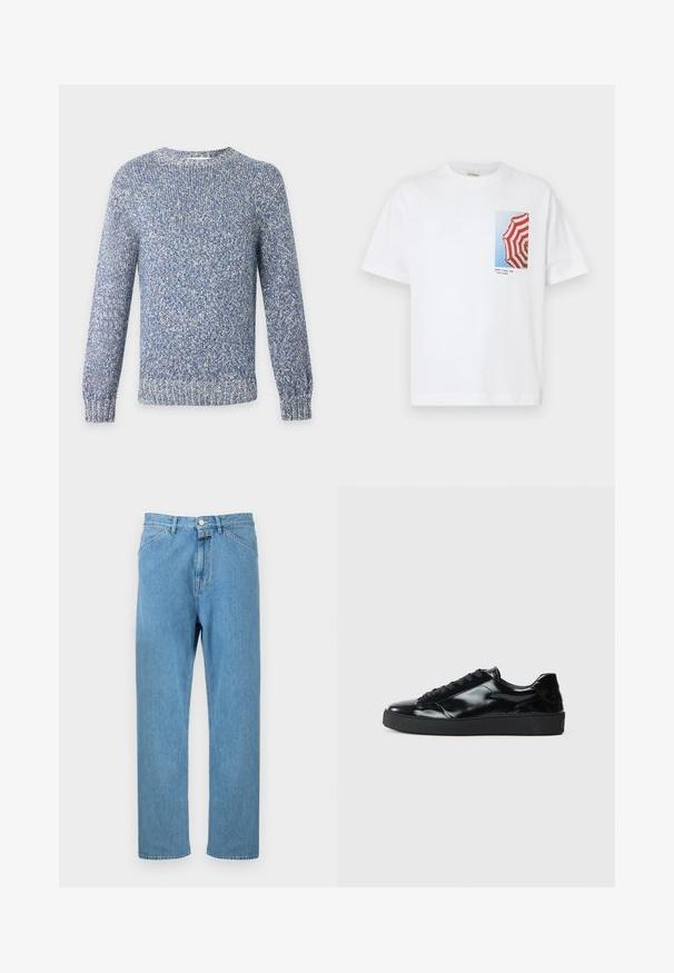 Pull tricoté chiné bleu et blanc à col rond, manches longues, poignets et ourlet côtelés.; T-shirt blanc avec une photo d'un parapluie rayé rouge et blanc sur fond de ciel bleu, avec le texte « BONNES MOMENTS ET LIGNES DE BRONZAGE » en dessous.; Jean en denim bleu clair avec une coupe droite, un style cinq poches et une fermeture par bouton à la taille. Aucun motif ni ornement visible.; Baskets en cuir verni noir avec un bout arrondi, un laçage, une semelle en caoutchouc texturé et une finition lisse.