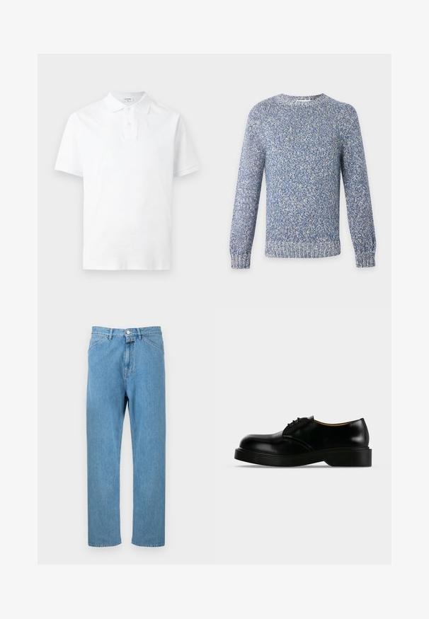 Plavi i bijeli melirani pleteni pulover s okruglim vratom, dugim rukavima i rebrastim rubovima na manžetama i donjem dijelu.; Bijela polo majica kratkih rukava s ovratnikom i poprsnim otvorom na dva gumba, prikazana na jednobojnoj svijetlosivoj pozadini.; Svijetloplave traperice ravnog kroja s pet džepova i kopčanjem na gumb u struku. Nema vidljivih uzoraka ili ukrasa.; Crna polirana kožna cipela za odijelo sa vezicama, debelim potplatom, zaobljenim vrhom i niskom petom prikazana s boka na jednostavnoj pozadini.