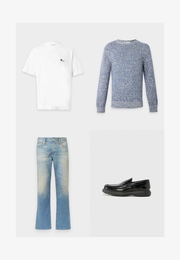 Blue and white marled knit crewneck sweater with long sleeves and ribbed cuffs and hem.; White short-sleeve t-shirt with small black clover and the word "loved" printed on left chest.; Light blue denim flared jeans with a faded finish, five-pocket design, metal button closure, and straight hems.; Black leather loafer with a glossy finish, rounded toe, subtle stitching details, and a thick rubber sole for durability.