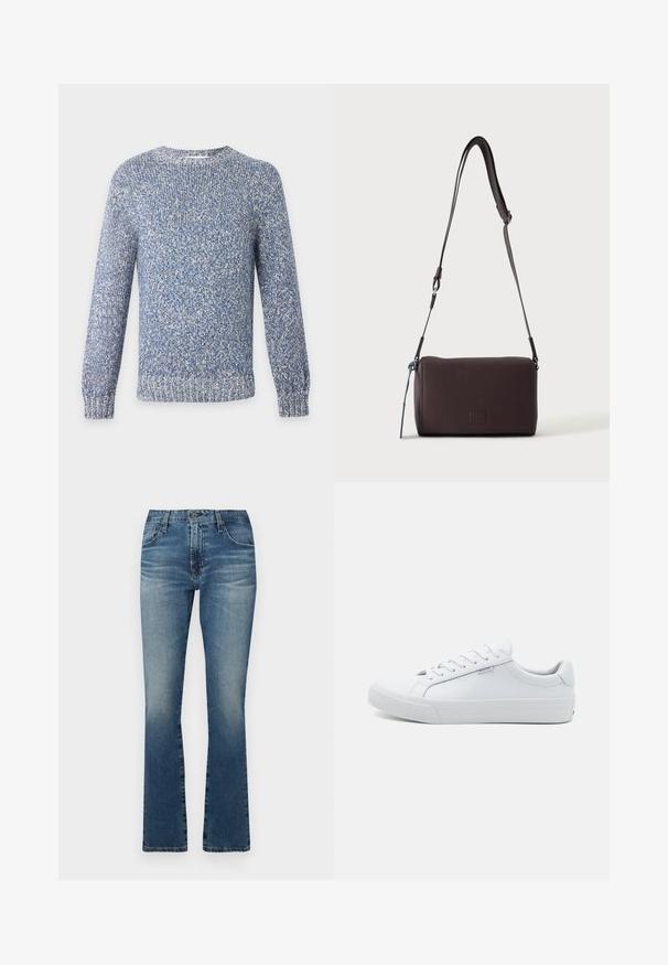Pull tricoté chiné bleu et blanc à col rond, manches longues, poignets et ourlet côtelés.; Jean flare en denim de bleu moyen avec une finition délavée, présentant un design classique à cinq poches et des accents en métal.; Baskets blanches en cuir avec une finition lisse, design bas, bout rond et semelle plate en caoutchouc. Dotées de lacets plats et d'une signalétique minimale.; Sac bandoulière en cuir marron foncé texturé avec une sangle réglable et un petit accent décoratif bleu sur le côté.