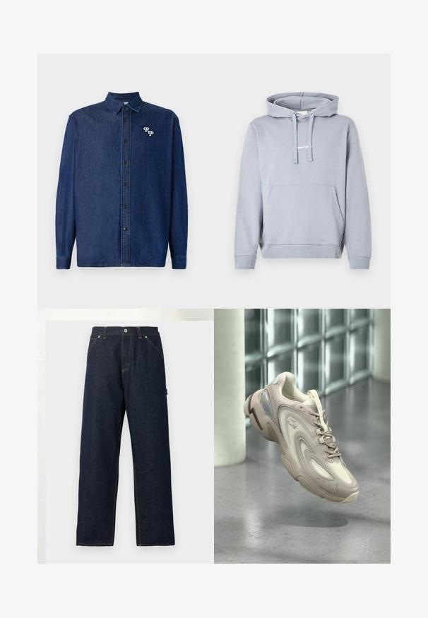 Lysegrå hættetrøje med front kengurulomme, snøre i hætten, ribkant ved ærmer og kant samt lille hvid tekst på brystet.; Mørkeblå denimskjorte med knappelukning foran, lange ærmer og spids krave. Har en hvid broderet "RP"-logo.; Mørkeblå denimjeans med lige ben, forlommer, bæltestropper og knaplukning i taljen mod en ensfarvet baggrund.; Lysebeige sneaker med et elegant design, teksturerede overlays, en polstret sål og en gennemsigtig sektion på siden.