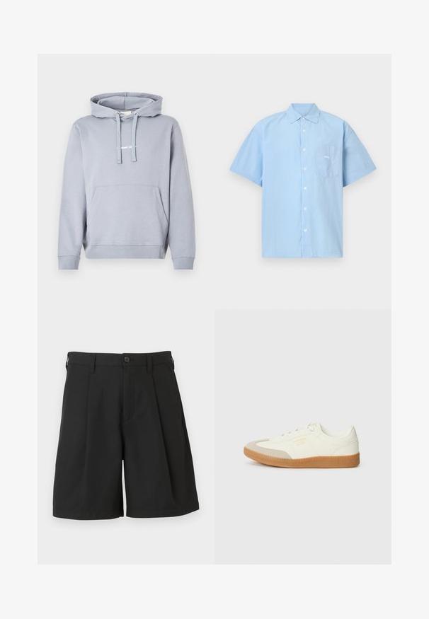 Sweat à capuche gris clair avec poche kangourou à l'avant, capuche avec cordon de serrage, poignets et ourlet côtelés, et petit texte blanc sur la poitrine.; Chemise à manches courtes bleu clair en coton, boutonnée sur le devant. Elle comporte une poche poitrine avec le mot "obey" brodé en blanc.; Shorts noirs en tissu lisse, avec une coupe structurée, des plis à l'avant et une fermeture par un bouton unique à la taille.; Baskets en cuir blanc avec une coque beige et une semelle en caoutchouc marron clair. Dotées de lacets blancs plats et d'un logo embossé sur le côté.