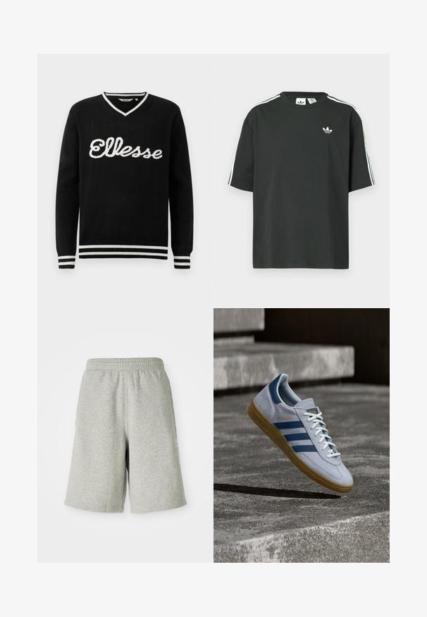 Sort V-hals sweater med hvid "Ellesse" logo over brystet og hvide striber på kraven, manchetterne og kanten.; Sort bomulds-T-shirt med korte ærmer, rund hals og hvide tre-stribede detaljer på skuldrene. Har et lille hvidt logo på brystet.; Grå bomuldsshorts med elastisk talje, knælængde design og diskret logo detalje på siden. Blød tekstur med en afslappet, sportiv pasform.; Lyseblå Adidas Spezial sneakers med marineblå striber og gummisål, vist i luften over betontrapper i et neutralt udendørsmiljø.