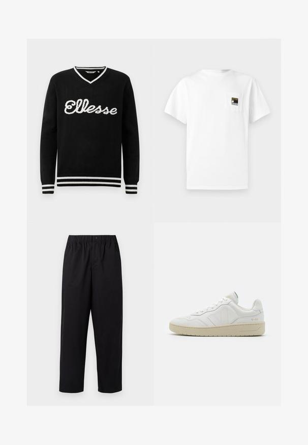 Sort V-hals sweater med hvid "Ellesse" logo over brystet og hvide striber på kraven, manchetterne og kanten.; Hvid bomulds T-shirt med korte ærmer og en brystlomme med et bjerglogo i sort og guld. Enkel, udekoreret design.; Sorte, vide ben bukser med elastisk talje og en enkelt knap. Lavet af et glat, letvægtsstof. Lige kant.; Hvide lædersneakers med struktureret overflade og polstret krave. Har en beige gummisål og diskret branding på hælen og siden.