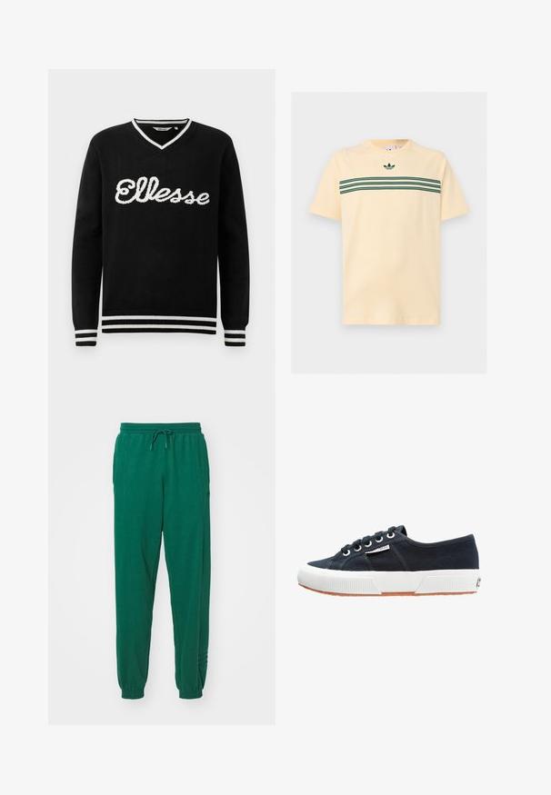 Sort V-hals sweater med hvid "Ellesse" logo over brystet og hvide striber på kraven, manchetterne og kanten.; Lyse beige kortærmet T-shirt med mørkegrønne horisontale tredobbelte striber tværs over brystet og et lille Adidas trefoil-logo over striberne.; Grønne bomuldsjoggers med snøre i taljen, elastiske manchetter og sidelommer. Stoffet ser blødt ud med en glat overflade.; Marineblå lærreds sneakers med hvid gummisål, rund tå og snøredesign med seks øjer. Har en tekstureret gummiydersål og et logo mærke.