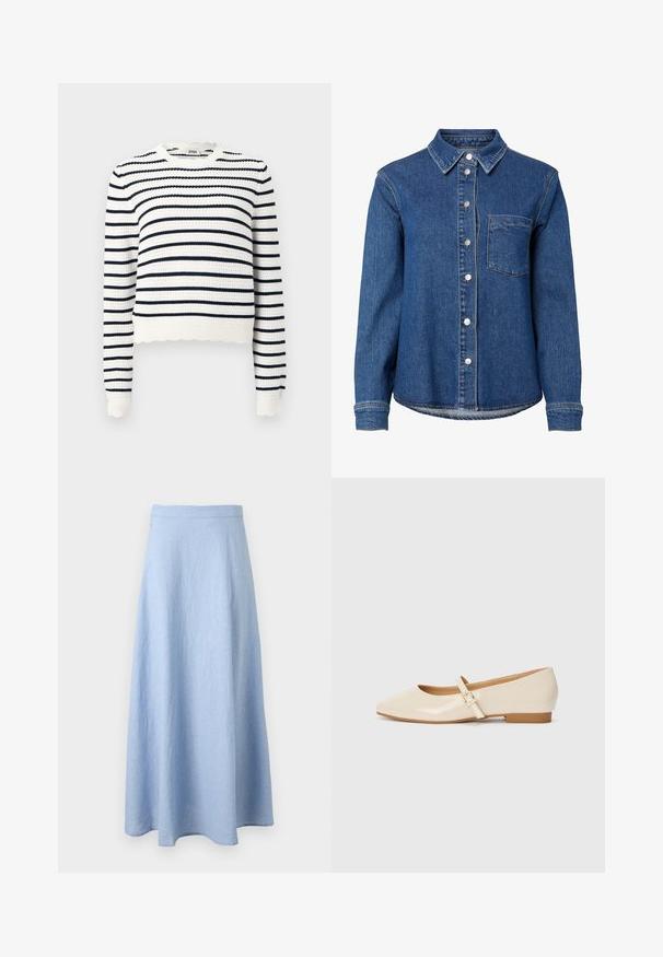 Hæklet sweater med hvide og marineblå vandrette striber. Rund halsudskæring, lange ærmer og bølget nederste kant.; Blå denim langærmet skjorte med knapper foran, en enkelt brystlomme til venstre og en klassisk krave.; Lyseblå, ankellang A-line nederdel med figursyet talje, lavet af blødt, tekstureret stof, vist på hvid baggrund.; Beige patentlæder balletflade med firkantet tå, lille hæl og justerbar ankelrem med guldspænde accent.