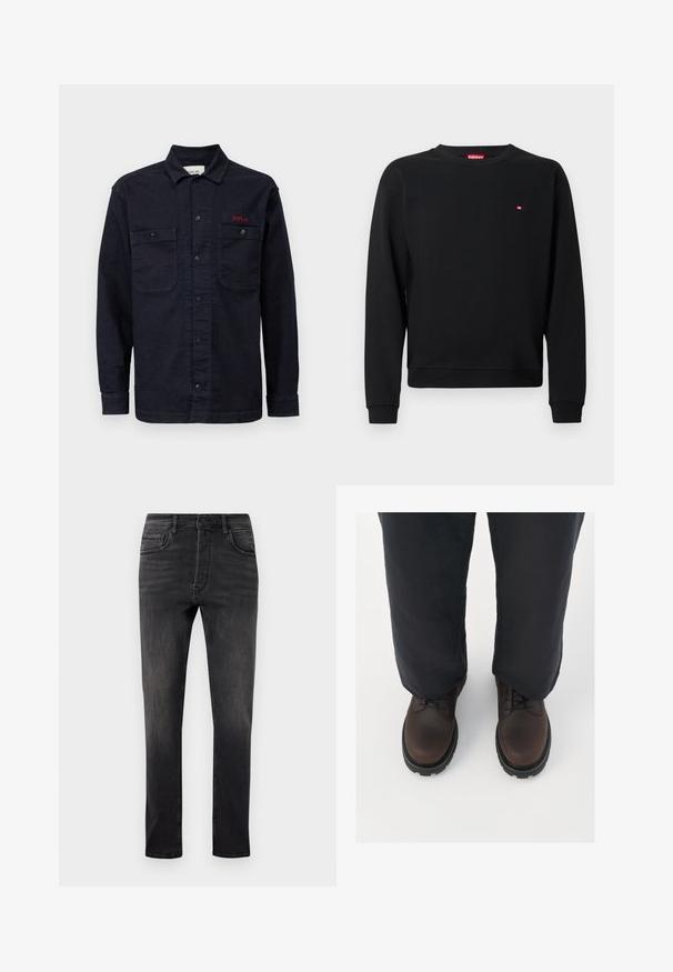 Sort sweatshirt lavet af blødt stof med rund hals og lange ærmer. Lille rødt logo nær brystet. Ribstrikkede manchetter og kant.; Mørkeblå denimskjorte med lange ærmer, knaplukning foran, to brystlommer og et lille rødt "REPLAY" logo på den venstre lomme.; Sorte denim jeans med slim fit, der har fem lommer, knap- og lynlåslukning samt en subtil falming på stoffet.; Brune læder snørebåndssko med rund tå, sort gummisål og tekstureret detaljer, parret med løstsiddende mørke bukser.
